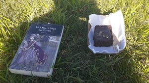 Buckwheat sweet potato chocolate cake and a good read (excuse me for the poor quality of the photo) at Franca in Montevideo