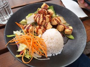 Fried tofu with white rice and Yaki sauce. at Viet Vegan in Leipzig
