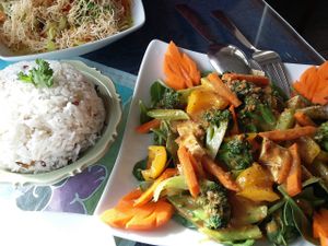 Swimming Rama - Veggies with peanut sauce and coconut rice :) at Thai Onzon in Cochrane