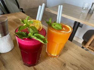 Citrus and beetroot juices 🥤 at KRZAKI Vege Street Food in Plock