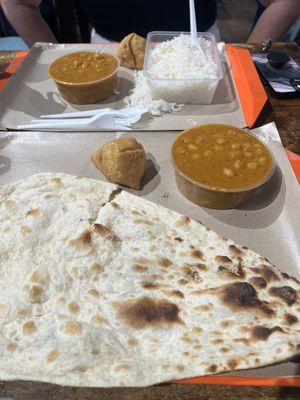 Chickpea curry, samosa, plain naan   at Maya Indian Veggie Delight in Central Singapore