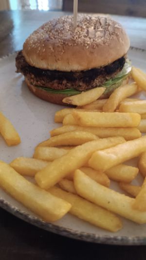Veggie burger (without cheese) at Culture Box cafe in Fes