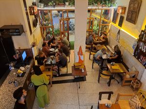 Ground-floor dining area at Culture Box cafe in Fes