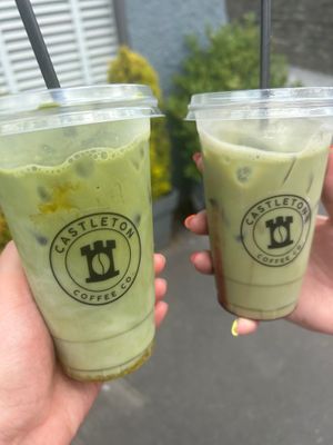 Mango coconut iced matcha & a cherry iced matcha at Castleton Coffee Co in Castleton