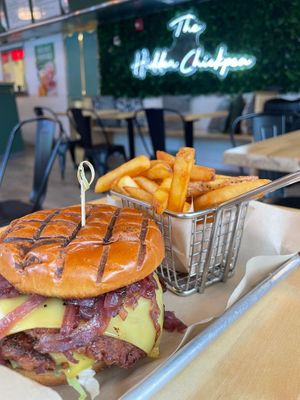 MAD Burger - Vegan
$14.00
2 smashed Beyond Burgers, Red Onion Jam, Provolone, Lettuce, Tomato, Rosemary Garlic Aioli. Comes w/ hand-cut fries. at The Hidden Chickpea in Madison