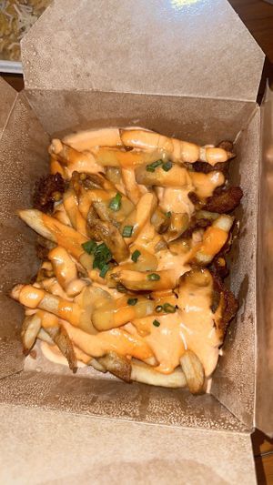 Vegan loaded fries (had fried mushrooms that were good)  at The Hidden Chickpea in Madison