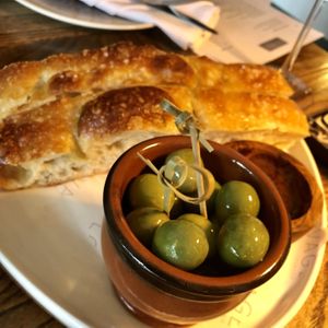 Nocellara olives and focaccia   at Lovage  in Newcastle Upon Tyne
