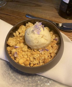 Peach crumble with vegan ice cream   at Lovage  in Newcastle Upon Tyne
