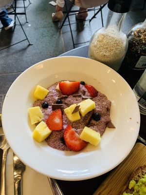 Chia seed pudding with fruit and pieces of dark chocolate.   at Le Pain Quotidien - St. Honore in Paris