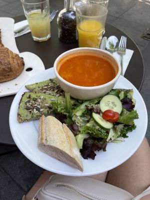 Tomato soup and avocado toast  at Le Pain Quotidien - St. Honore in Paris