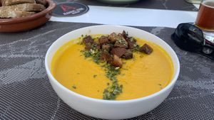 Carrot and turmeric soup with croutons   at Vegood in Vila Real De Santo Antonio
