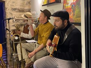 Great evening of music in this great venue.  The Lazy River Wastrels.   Mario doesn’t always look glum!  at Vegood in Vila Real De Santo Antonio