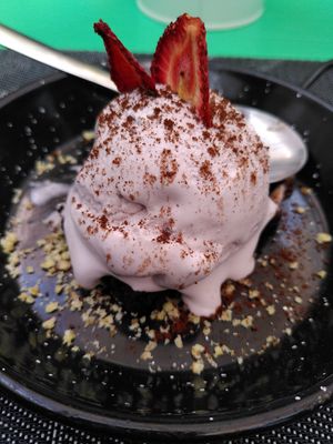 Lavender and brownie dessert (a bit eaten aswell) at Vegood in Vila Real De Santo Antonio