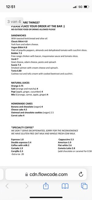 Menu  at Café Cometa in Barcelona