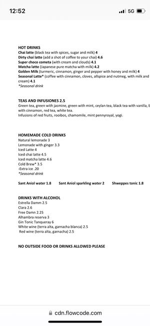 Menu  at Café Cometa in Barcelona