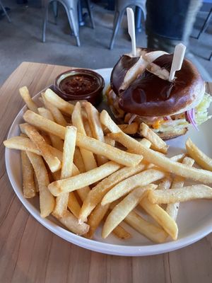 Burger and fries  at Buddha Belly Burger in Sacramento