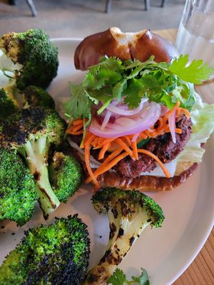 Banh Mi Burger with charred broccoli! at Buddha Belly Burger in Sacramento