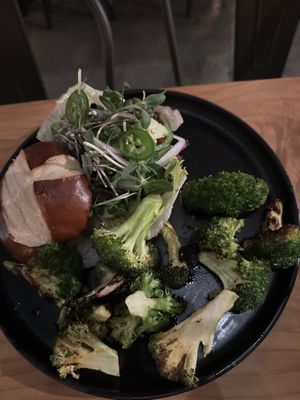 Lions mane burger with charred broccoli  at Buddha Belly Burger in Sacramento