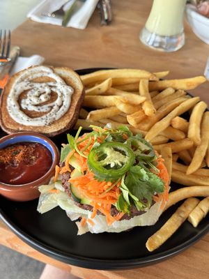 Banh MI Burger with friess  at Buddha Belly Burger in Sacramento