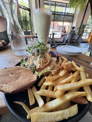 Bacon BBQ Burger, fries and avocado shake    at Buddha Belly Burger in Sacramento