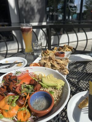 Salad with Maha mushrooms fish, corn ribs, and okra   at Buddha Belly Burger in Sacramento