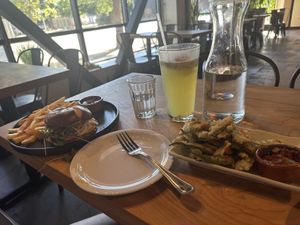 Okra and bbq burger   at Buddha Belly Burger in Sacramento