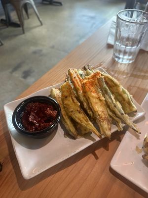 Fried okra with delicious saucee  at Buddha Belly Burger in Sacramento