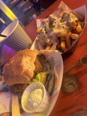 Chick’n burger with smothered friess  at Herbivorous Spark   in York