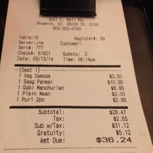 gratuity automatically added for Groupon customers at Madras Ananda Bhavan in Phoenix