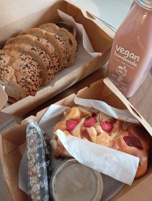 Strawberry bread combo, black sesame rosemary bread and red bean milk at Vegan Homemade - Sữa Hạt Thuần Chay & Bánh Tươi in Ho Chi Minh City