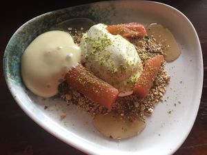 Vegan dessert with rhubarb  at L'Équilibriste in Lyon