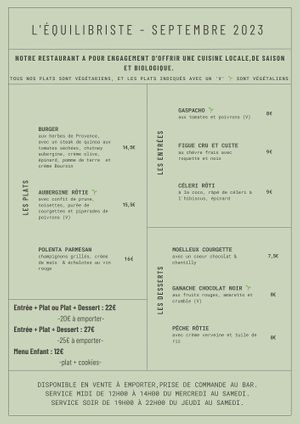 menu de septembre disponible tout le mois chez l'équilibriste  at L'Équilibriste in Lyon