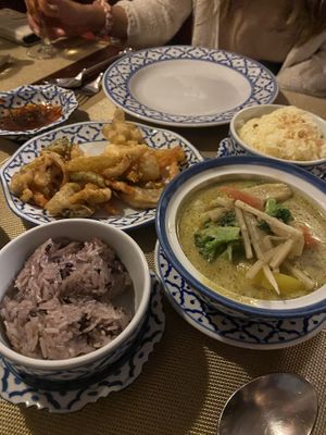 Green curry, battered veggies, coconut rice, garlic/ginger rice  at Black Cat Restaurant in Shanklin