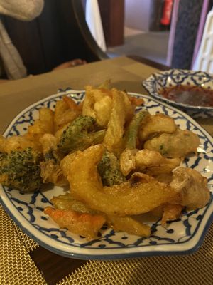 Battered veggies with sweet chilli sauce   at Black Cat Restaurant in Shanklin