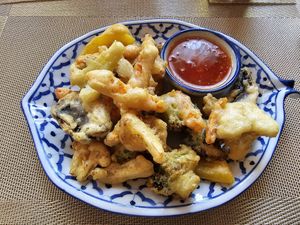 Tempura vegetables with sweet chilli dipping sauce at Black Cat Restaurant in Shanklin