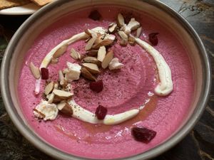 Pink hummus   at Coromandel Cafe in Pondicherry
