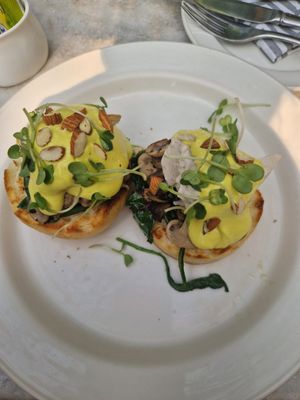 Vegan Benedict with vegan mozzarella at Coromandel Cafe in Pondicherry