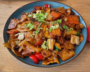 Kam Thuk (Tibetan hand pulled fried noodles) with Tofu at Tibet Family Bistro in Siegburg