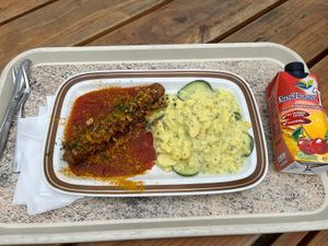 Vegan Currywurst and potato salad   at Panorama-Biergarten Bastei in Lohmen