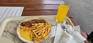 Vegan currywurst bastei style with fries and cheese sauce. at Panorama-Biergarten Bastei in Lohmen