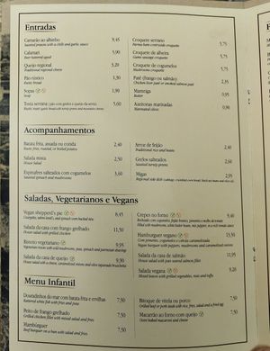 Menu at Príncipe do Alva in Coja