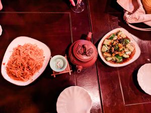 Mala Kartaffel Salat, tea, and Gurken Salat at Kongfu Chili at Kongfu Chili in Berlin