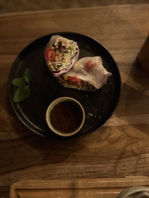 Vegan spring roll. Lots of fresh veggies, fantastic textures, and flavorful dipping sauce.   at Mali Thai in Olon