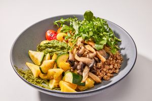 PESTO BOWL Farro. Leek. Summer Squash. Cherry Tomato. Arugula. Oyster Mushroom. Oil-Free Pesto. at Love.Life in Culver City