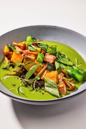 THAI GREEN CURRY BOWL Marinated Tofu. Gai Lan. Kabocha Squash. Shimeji Mushroom. Forbidden Rice. Cilantro. Mint. Thai Basil. at Love.Life in Culver City