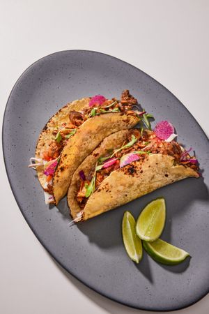 OYSTER MUSHROOM CARNITAS TACOS Pureed Black Beans. Cabbage Slaw. Pico de Gallo. Salsa Verde. Radish. Micro Cilantro. at Love.Life in Culver City
