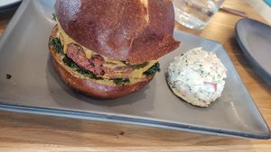 Wynwood burger with Super patty and potato salad at Love.Life in Culver City