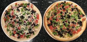 Before & after cooking. Garden Veggie on Original Crust with diary-free cheese (vegan) at Papa Murphy's in Rosemount