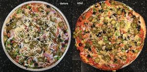 Before and after cooking. Garden Veggie on Pan crust with jalapenos & dairy-free cheese (vegan) at Papa Murphy's in Rosemount