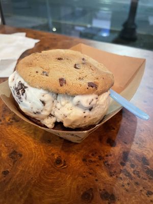 Chocolate chip cookie up top, chocolate chip cookie in between and brownie cookie on the bottom.   at The Baked Bear in Miami Beach
